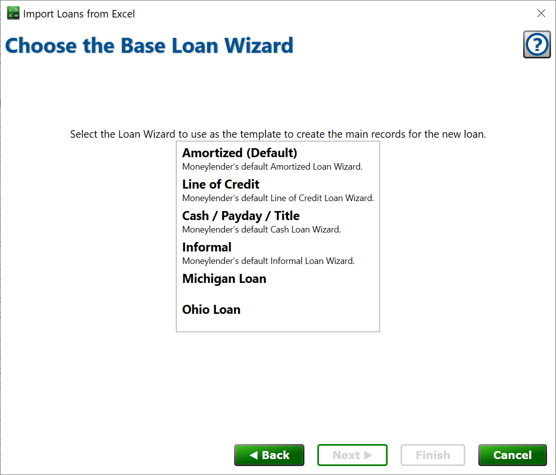 screenshot of page to select the loan wizard to base the new loans on