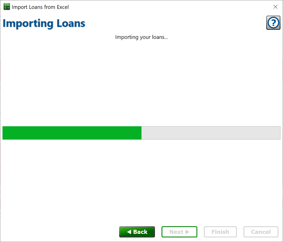 screenshot of the progress window showing the loans being imported