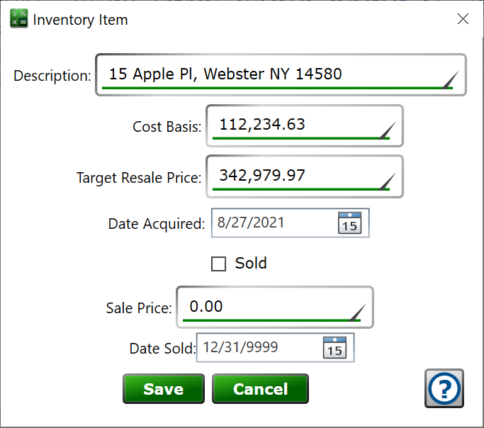 Inventory item window for managing the cost and details of the assets you want to sell.