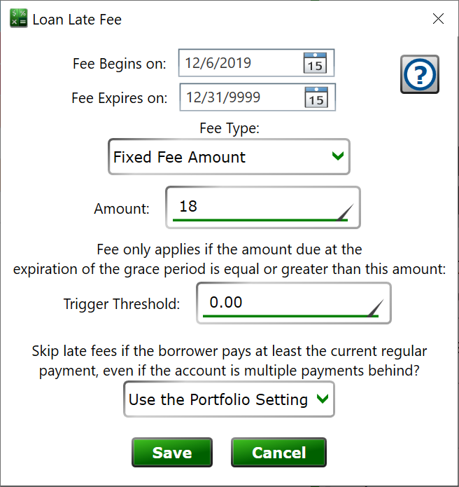 screenshot of Moneylender's late fee window.