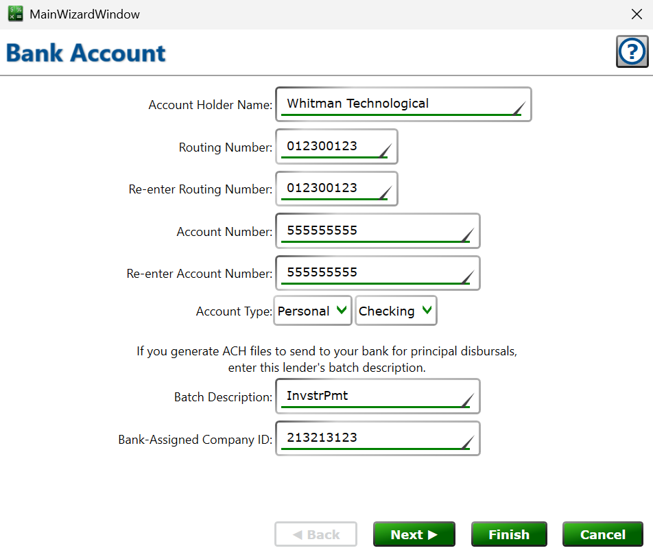 Screenshot of the Bank Account page of the Lender Wizard.
