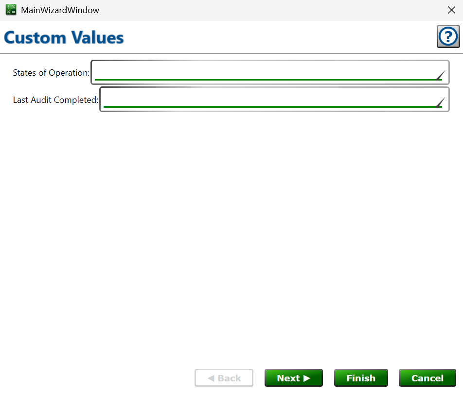 Screenshot of the Custom Values page of the Lender Wizard.