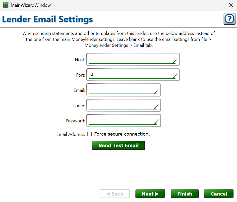 Screenshot of the Lender Email Settings page of the Lender Wizard.