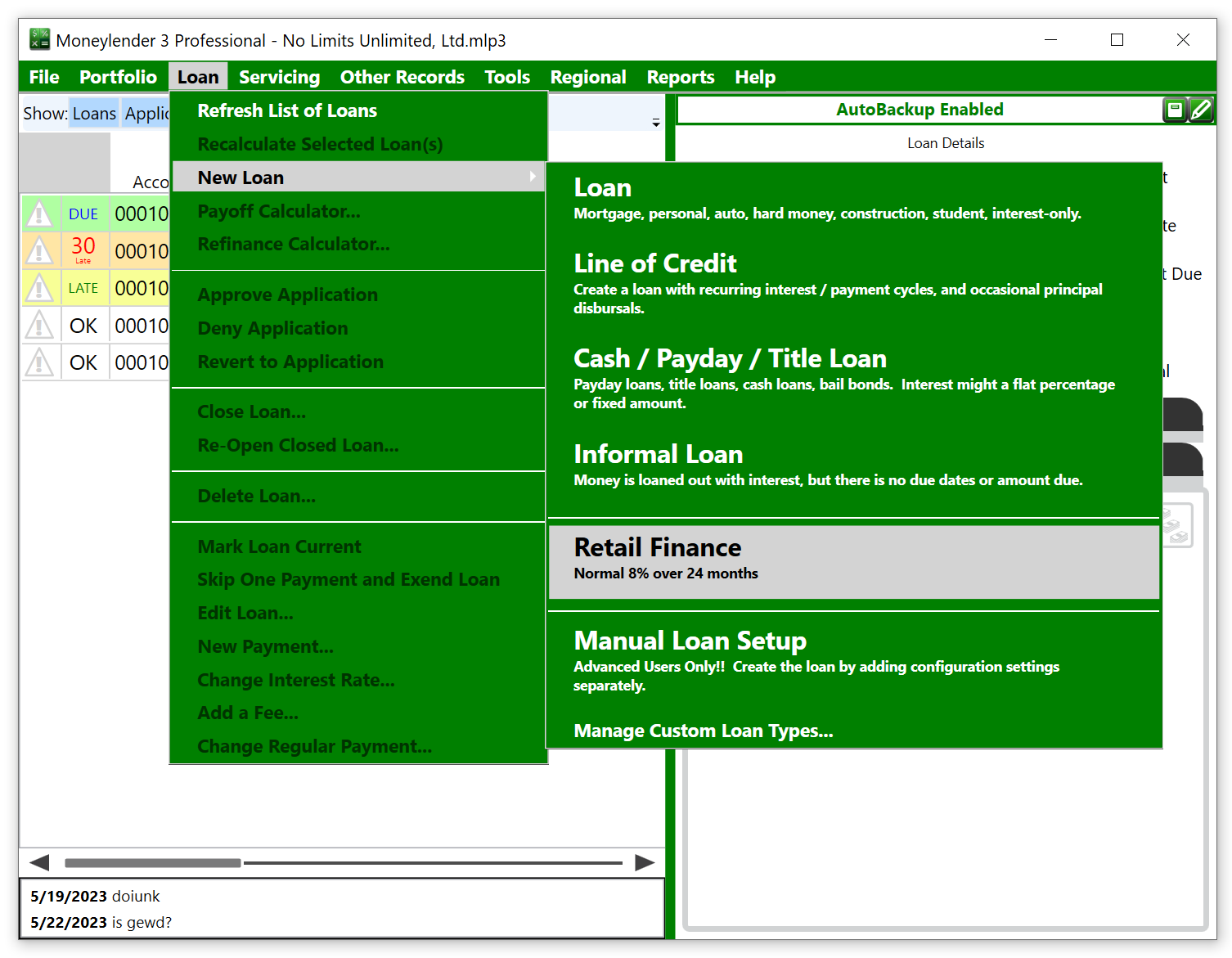 New loan menu showing a custom loan template.