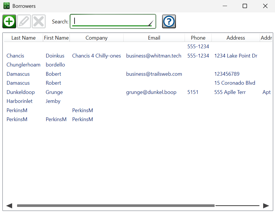Screenshot of the Borrowers window.