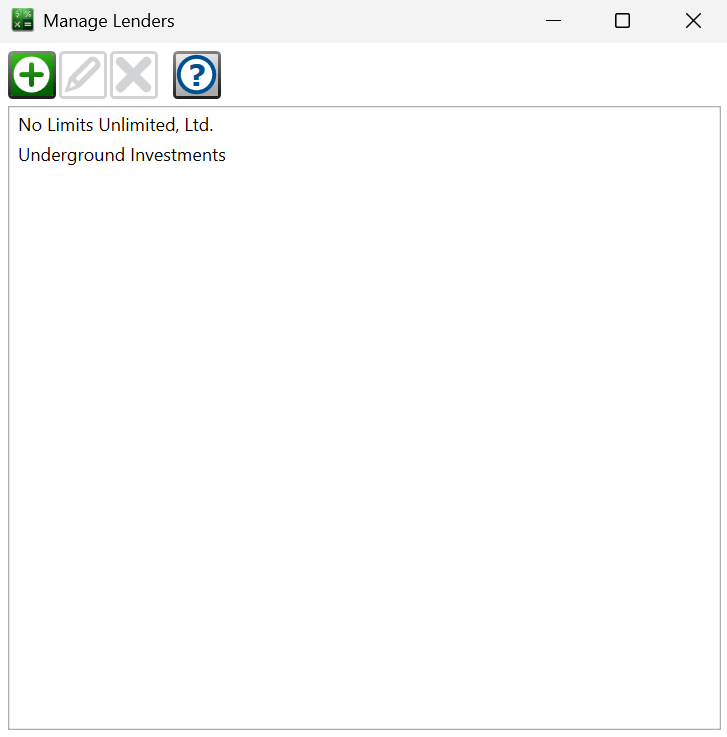 Screenshot of the Manage Lenders window.