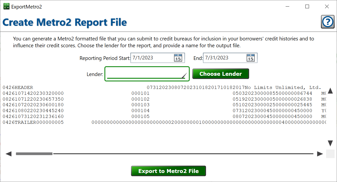 Window to create a Metro2 report file.