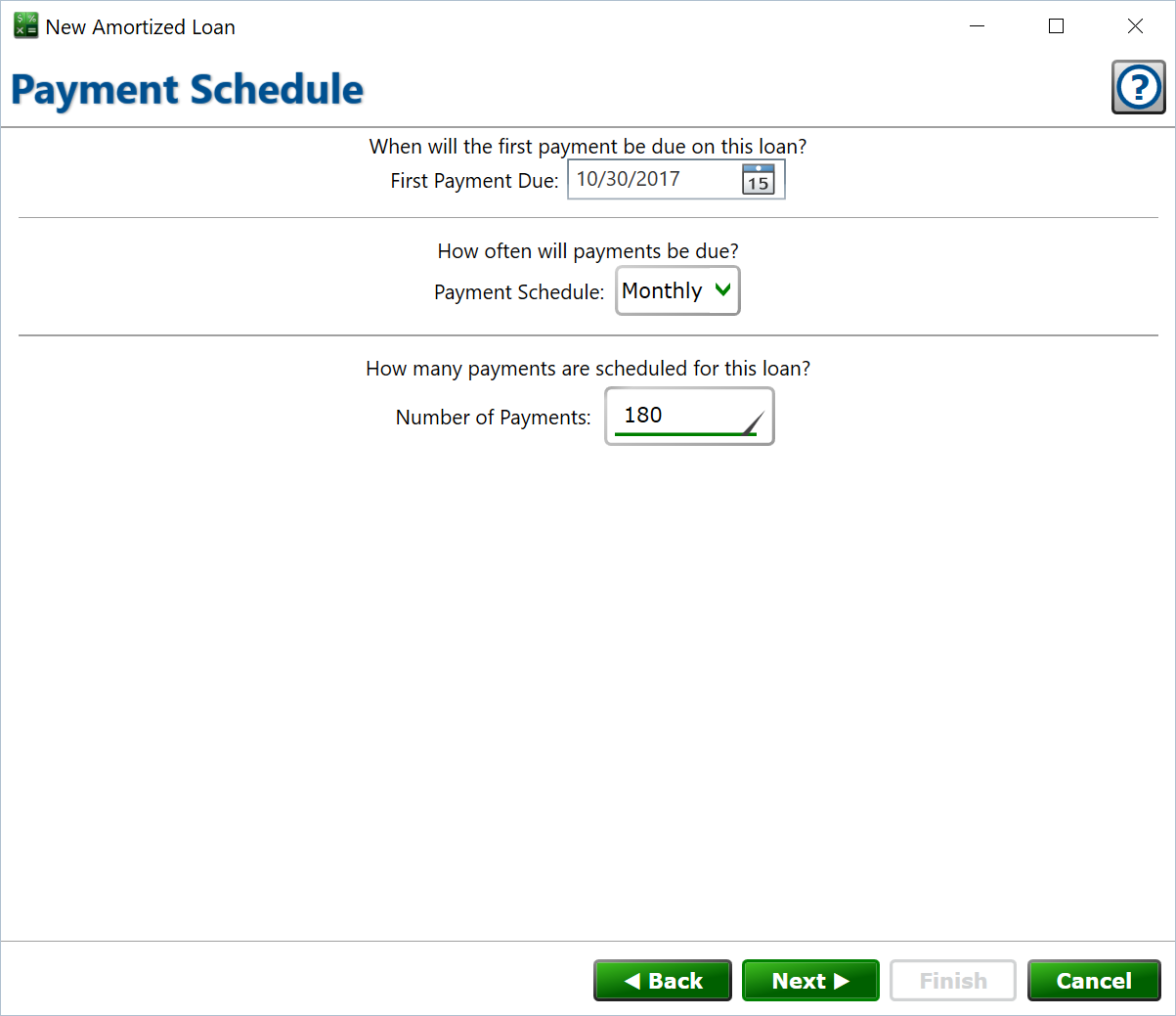 Screenshot of the form to set the payment schedule for the loan.
