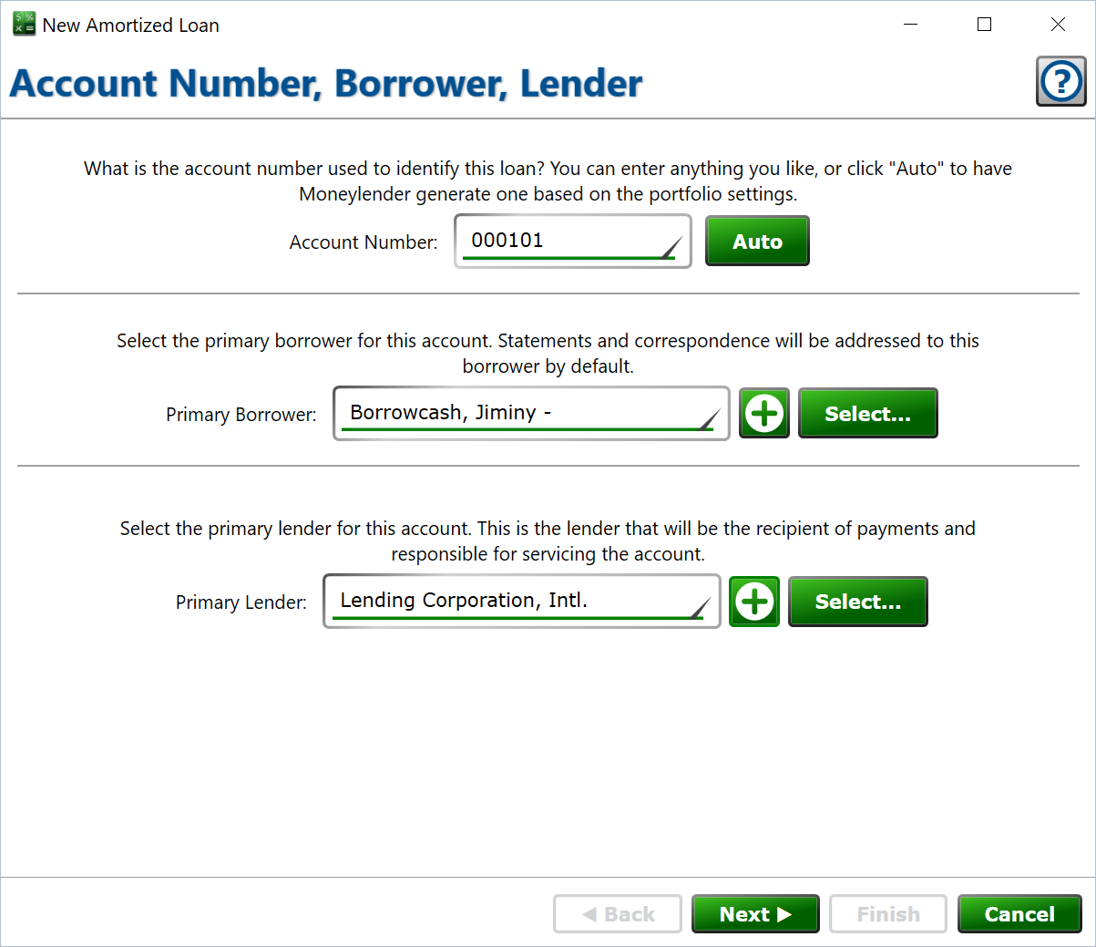 Screenshot of the form to set the account number, borrower, and lender on the loan.