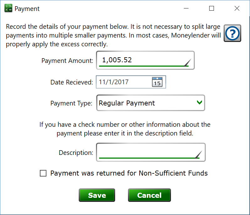 Screenshot of the payment dialog for Moneylender Professional.