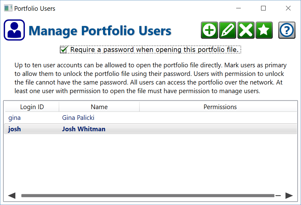 Screenshot of the Portfolio Users window.