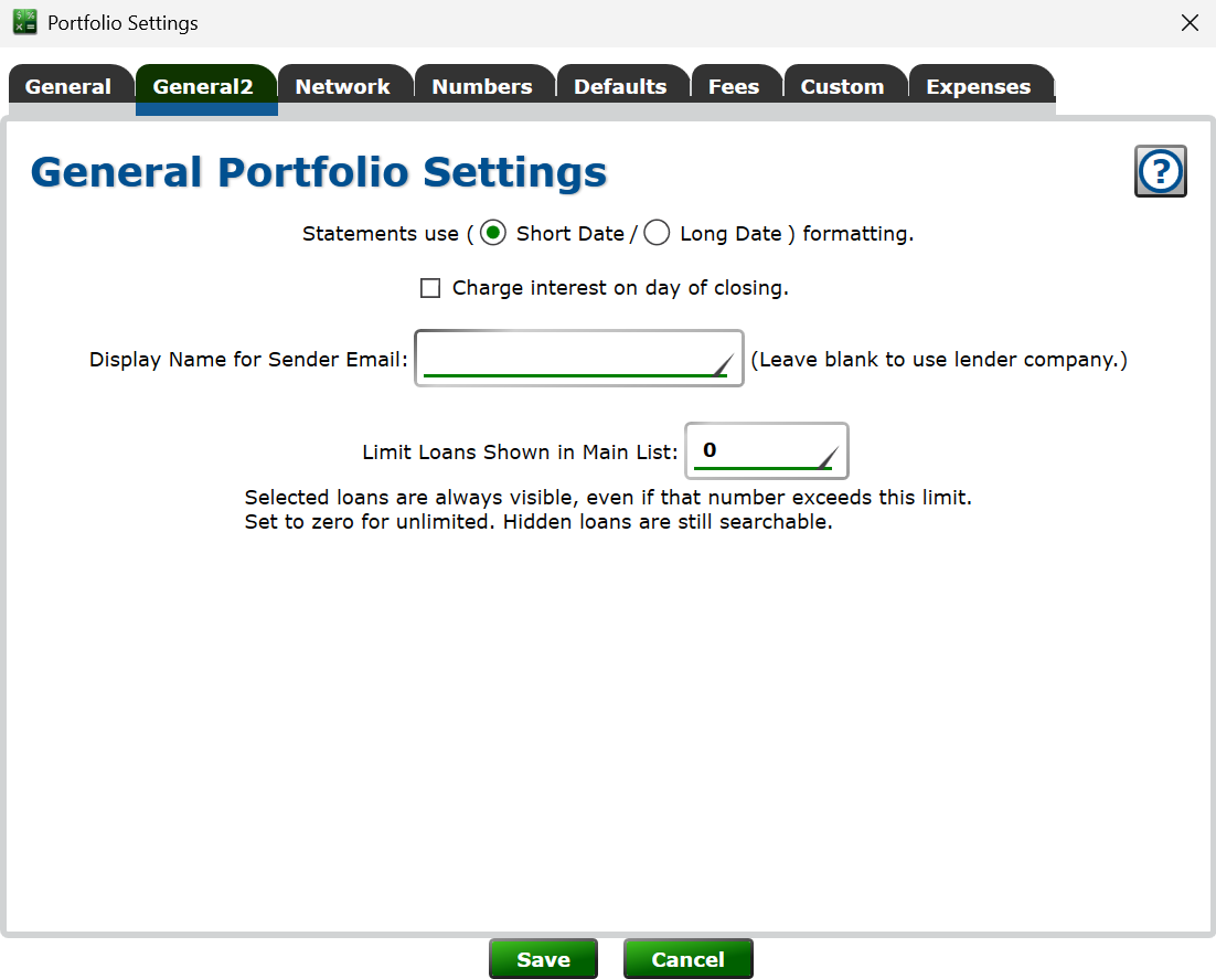 Screenshot of the General2 tab of the Portfolio Settings.