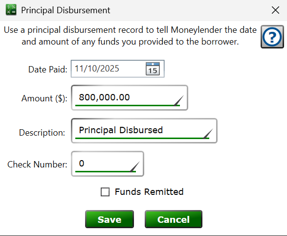 Screenshot of the Principal Disbursement window.
