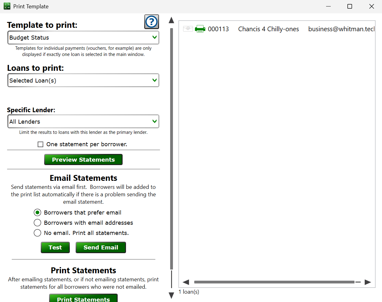 Screenshot of the Print Template window.