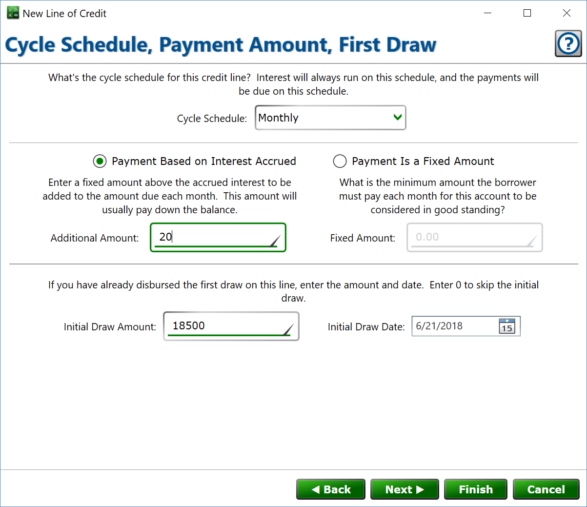 Screenshot of the Cycle Schedule, Payment Amount, First Draw window of the Revolving Line of Credit wizard.