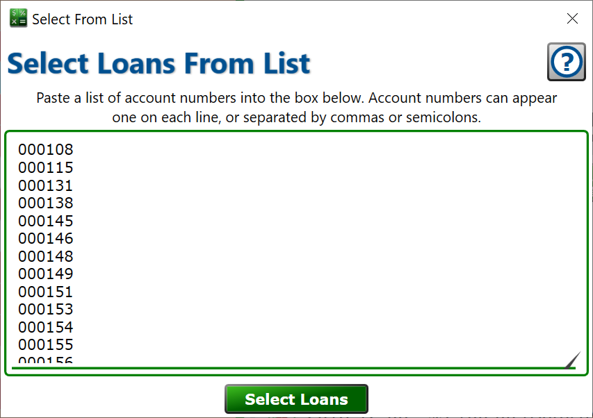 screenshot of the Select Loans from List window