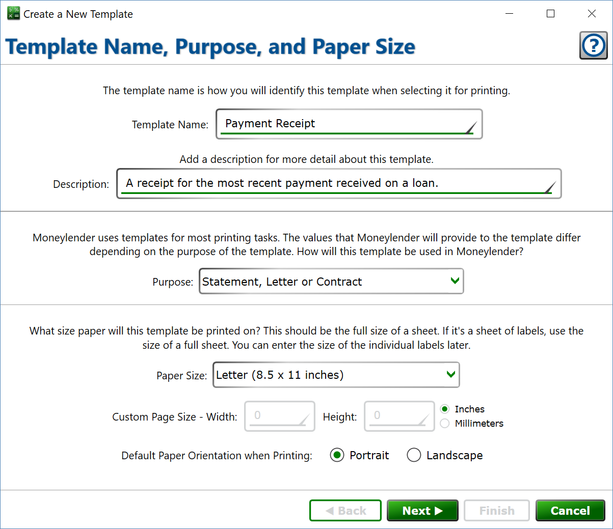 Screenshot of the Template Name, Purpose and Paper Size window.