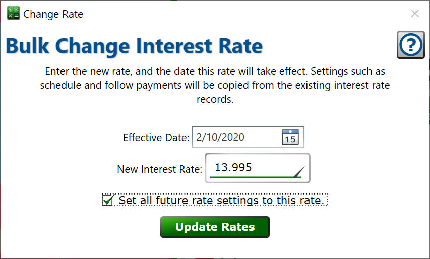 Screenshot of the bulk rate change window for updating the interest rate on multiple loans.