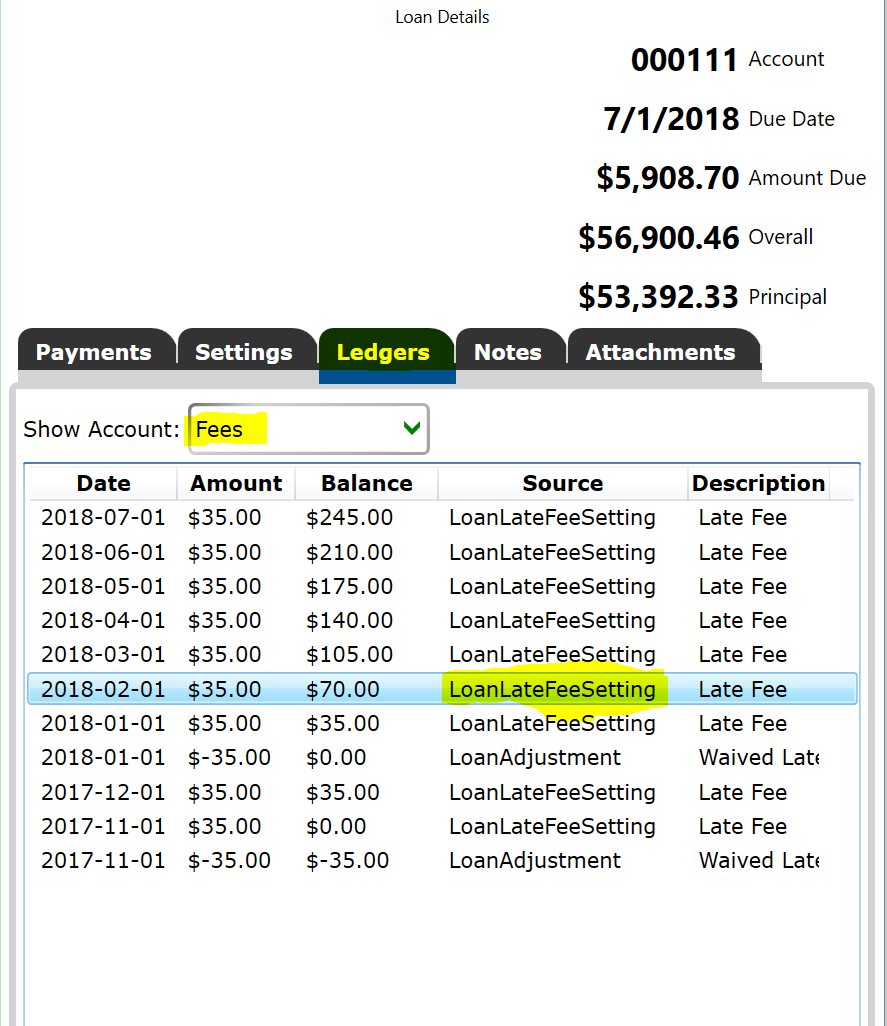 Screenshot of where to waive late fees.